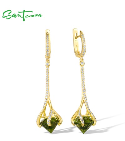 SANTUZZA 925 Sterling Silver Drop Earrings Green Stone White Cubic Zirconia Earrings Jewelry