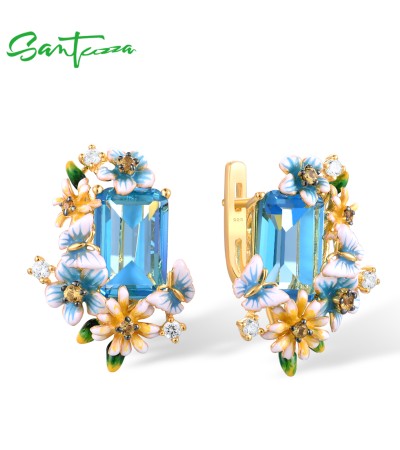 SANTUZZA 925 Sterling Silver Earrings Octagon Blue Stone Flower Butterfly Enamel Gold Color Fine Jewelry