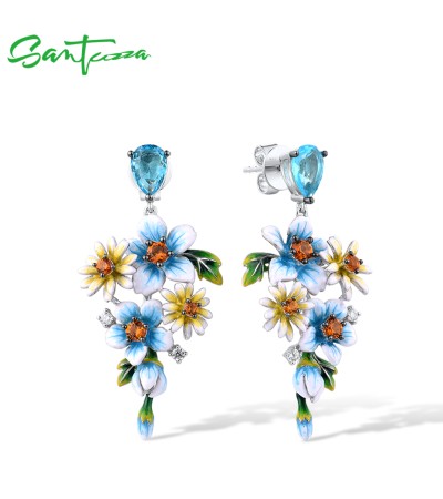 SANTUZZA 925 Sterling Silver Earrings Blue Yellow Flowers Cubic Zirconia Jewelry Enamel