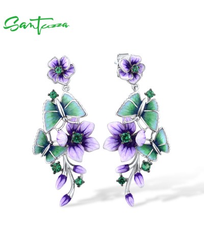 SANTUZZA 925 Sterling Silver Stud Earrings Purple Flower & Butterfly Green Spinel Jewelry Handmade Enamel