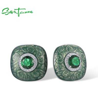 SANTUZZA 925 Sterling Silver Earrings Green Stone White CZ Enamel Fine Jewelry