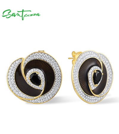 SANTUZZA 925 Sterling Silver Handmade Enamel Stud Earrings Black Spinel White CZ Fine Jewelry