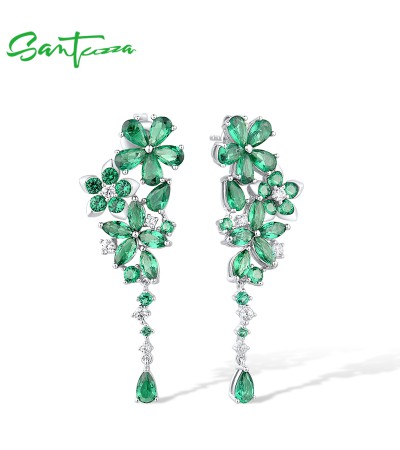 SANTUZZA 925 Sterling Silver Drop Earrings Flowers Green Spinel White Cubic Zirconia Jewelry