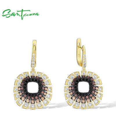 SANTUZZA 925 Sterling Silver Drop Earrings Gradient White/Champagne CZ Gold Color Square Jewelry