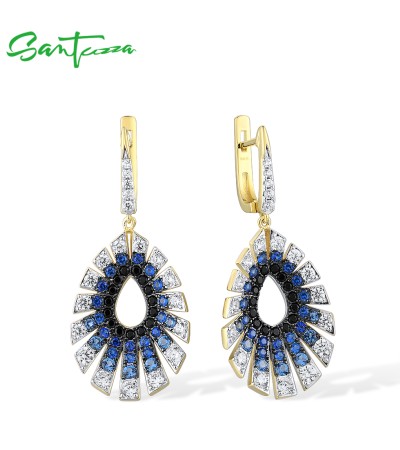SANTUZZA 925 Sterling Silver Water Drop Earrings Gradient Black/Blue Spinel White CZ Fine Jewelry
