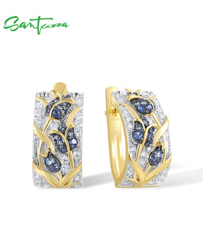 SANTUZZA 925 Sterling Silver Earrings White Cubic Zirconia Blue Tulip Gold Plated Jewelry