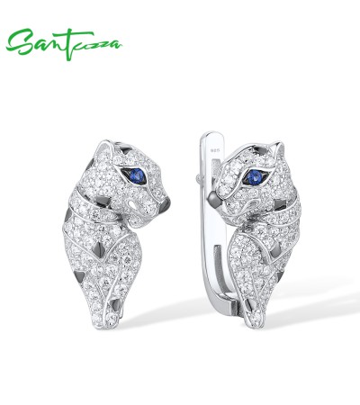 SANTUZZA 925 Sterling Silver Earrings Sparkling Blue Nano CZ Leopard Animal Jewelry