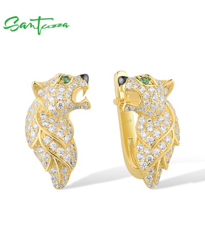 SANTUZZA 925 Sterling Silver Earrings Green Spinel Gold Color Leopard Fine Jewelry