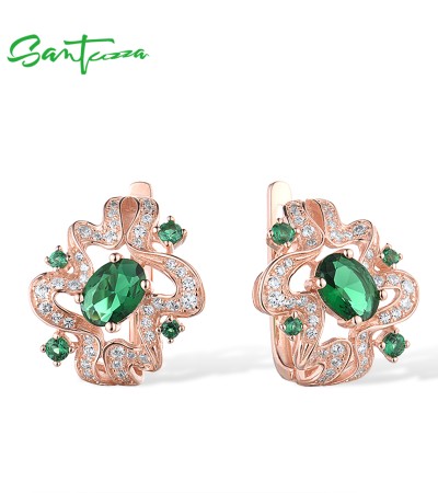 SANTUZZA 925 Sterling Silver Earrings Shiny White Cubic Zirconia Green Stones Earrings Jewelry