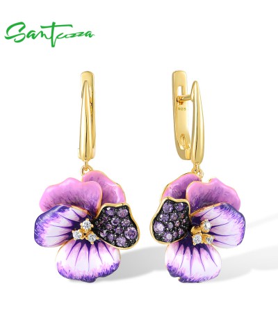 SANTUZZA 925 Sterling Silver Earrings Pink And Purple Peony Enamel Flower Jewelry