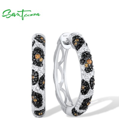 SANTUZZA 925 Sterling Silver Hoop Earrings For Women Black Spinel Yellow White Cubic Zirconia Glamorous Jewelry