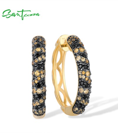 SANTUZZA 925 Sterling Silver Hoop Earrings Black Spinel Yellow Cubic Zirconia Gold Color Jewelry