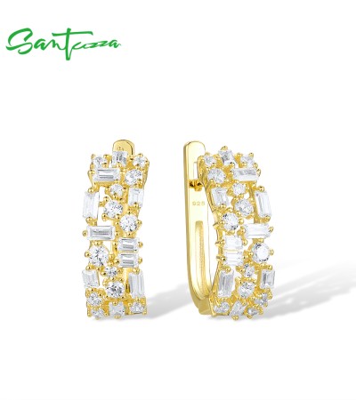 SANTUZZA 925 Sterling Silver Earrings White Cubic Zirconia Gold Color Earrings Fine Jewelry