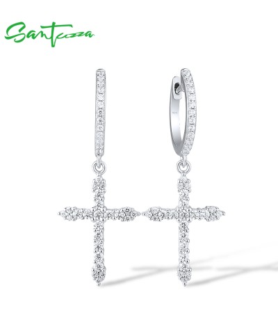 SANTUZZA 925 Sterling Silver Cross Earrings White Cubic Zirconia Dangling Fine Jewelry