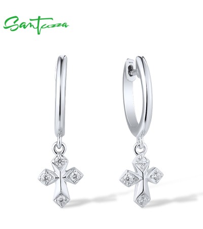 SANTUZZA 925 Sterling Silver Cross Earrings White Cubic Zirconia Dangling Fine Jewelry