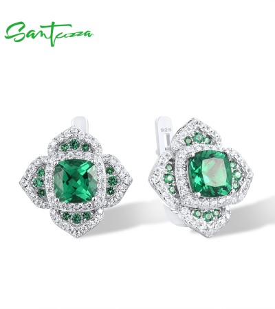 SANTUZZA 925 Sterling SilverEarrings Square Green Spinel White CZ Flower Fine Jewelry