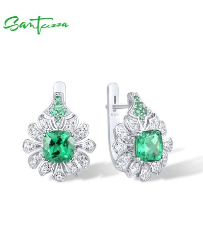 SANTUZZA 925 Sterling Silver Earrings Square Green Spinel White CZ Flower Fine Jewelry