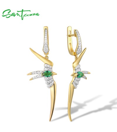 SANTUZZA Silver Earrings 925 Sterling Silver Green Spinel White CZ Gold Color Earrings Swallow Jewelry