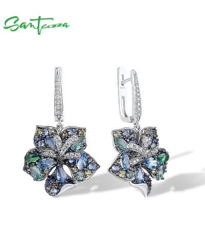 SANTUZZA 925 Sterling Silver Earrings Multi Gems Blue Lily Flower Drop Earrings Jewelry