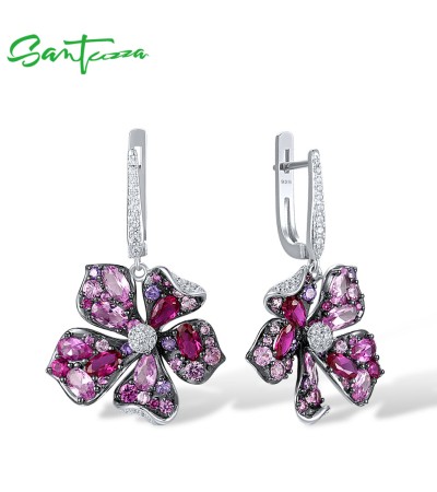 SANTUZZA 925 Sterling Silver Earrings Pink Lily Blooming Flower Dangling Earrings Jewelry 