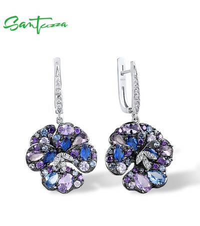 SANTUZZA 925 Sterling Silver Earrings Multi Gems Blue Orchid Flower Drop Earrings Jewelry