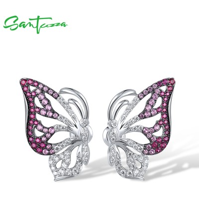 SANTUZZA 925 Sterling Silver Stud Earrings White CZ Pink And Red Butterfly Jewelry