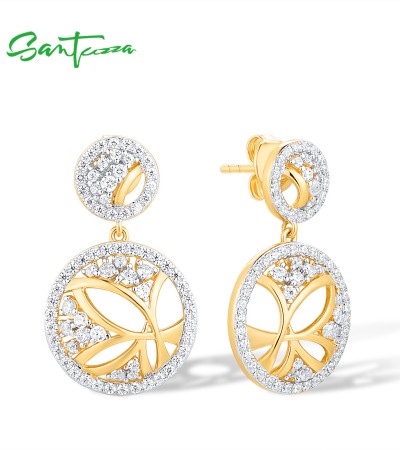 SANTUZZA 925 Sterling Silver Dangling Earrings White CZ Geometric Circle Fine Jewelry