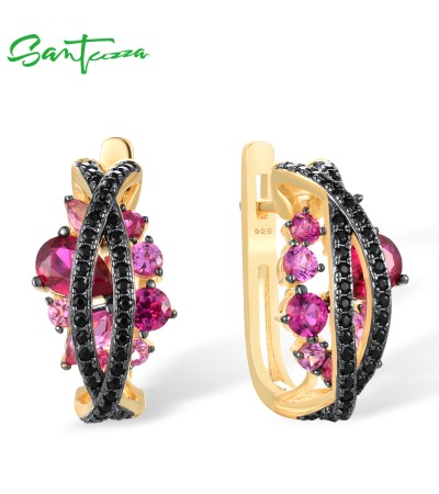 SANTUZZA 925 Sterling Silver Earrings Black Spinel Red Pink Stones Jewelry