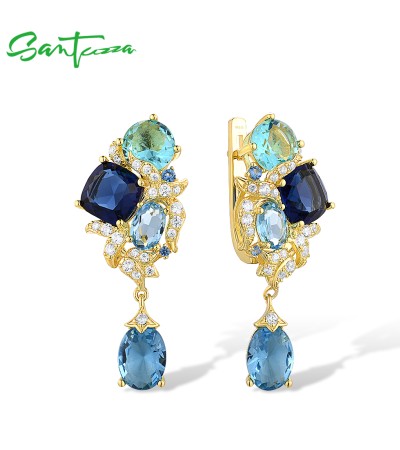 SANTUZZA 925 Sterling Silver Earrings Blue Gemstone Drop Earrings Gold Color Fine Jewelry