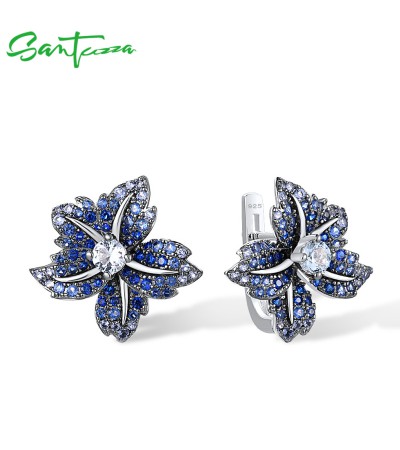 SANTUZZA 925 Sterling Silver Earrings For Women Blue Pink Stone Lily Flower Jewelry - Silver Color/Blue Stones
