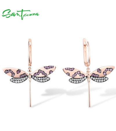 SANTUZZA 925 Sterling Silver Earrings Lab Created Pink Sapphire White CZ Dragonfly Fine Jewelry