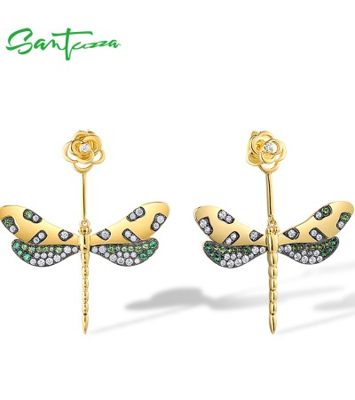 SANTUZZA 925 Sterling Silver Earrings Green Spinel White CZ Golden Dragonfly Flower Fine Jewelry