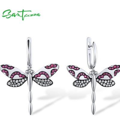 SANTUZZA 925 Sterling Silver Drop Earrings Lab Created Ruby White CZ Pink Dragonfly Fine Jewelry