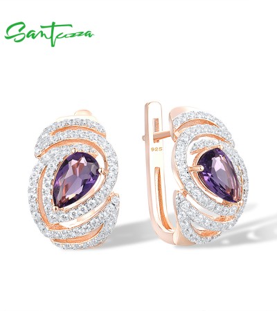 SANTUZZA 925 Sterling Silver Earrings Purple Stone White Cubic Zirconia Fine Jewelry