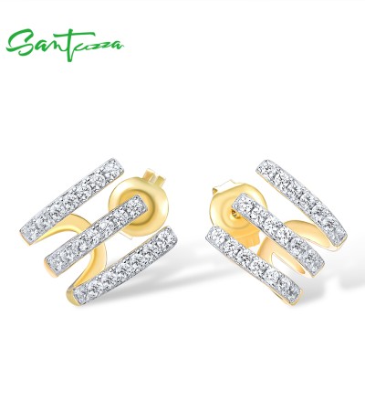SANTUZZA 925 Sterling Silver Stud Earrings White Cubic Zirconia Jewelry