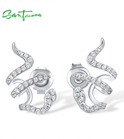 SANTUZZA 925 Sterling Silver Stud Earrings Sparkling White Cubic Zirconia Snake Jewelry