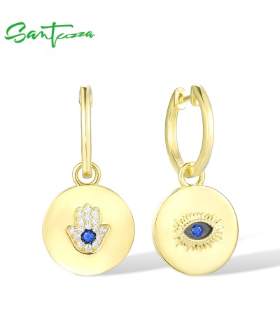 SANTUZZA 925 Sterling Silver Earrings Blue Spinel White CZ Hamsa Hand Evil Eye Drop Earrings Jewelry