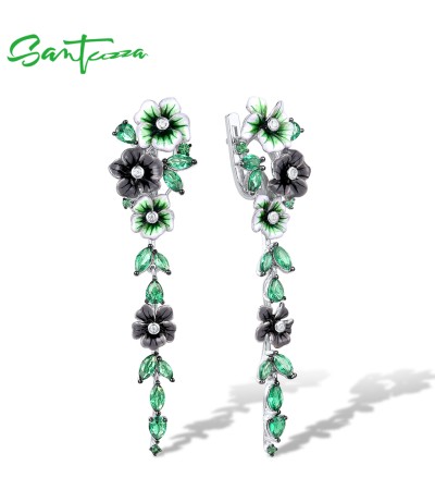 SANTUZZA Silver Earrings 925 Sterling Silver Green Spinel White CZ Blooming Flowers Jewelry Enamel