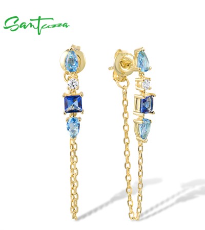 SANTUZZA 925 Sterling Silver Earrings White CZ Blue Stone Gold Color Long Thread Earrings Fine Jewelry