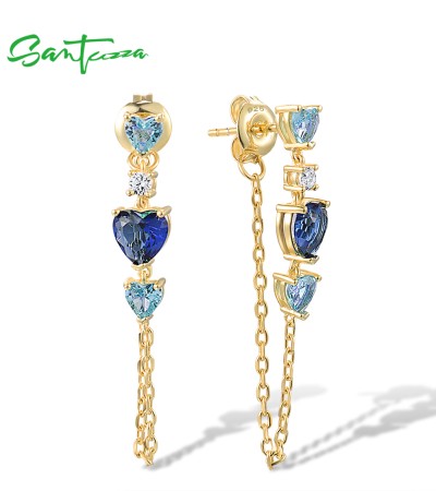 SANTUZZA 925 Sterling Silver Earrings Blue Heart Stones Long Thread Dangling Earrings Fine Jewelry