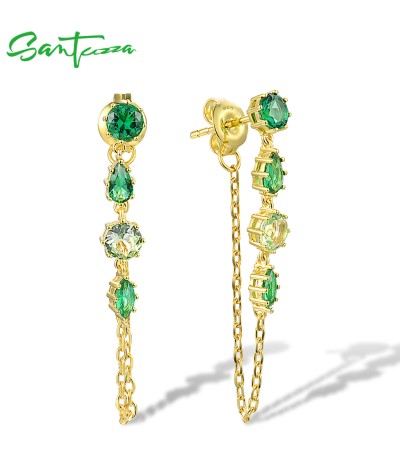 SANTUZZA 925 Sterling Silver Earrings Green Stones Gold Color Long Thread Earrings Fine Jewelry