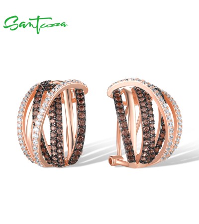SANTUZZA 925 Sterling Silver Earrings Brown Spinel White CZ Stud Cross Fine Jewelry