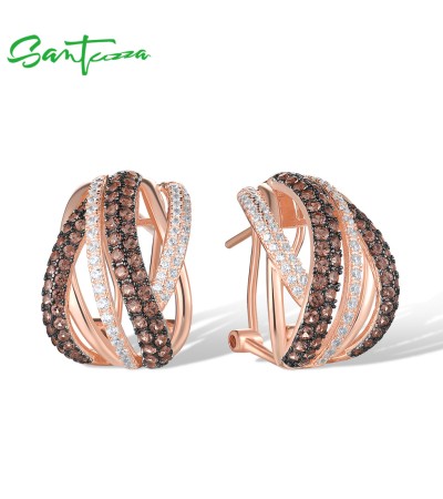 SANTUZZA 925 Sterling Silver Stud Earrings Brown Spinel White CZ Cross Fine Jewelry