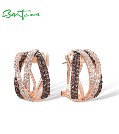 SANTUZZA 925 Sterling Silver Earrings Nano Brown Spinel White CZ Stud Cross Stylish Jewelry