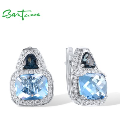 SANTUZZA 925 Sterling Silver Geometric Earrings Blue Stone White Cubic Zircon Fine Jewelry