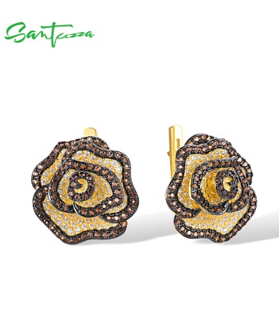 SANTUZZA 925 Sterling Silver Earrings White CZ Brown Spinel Flower Fine Jewelry
