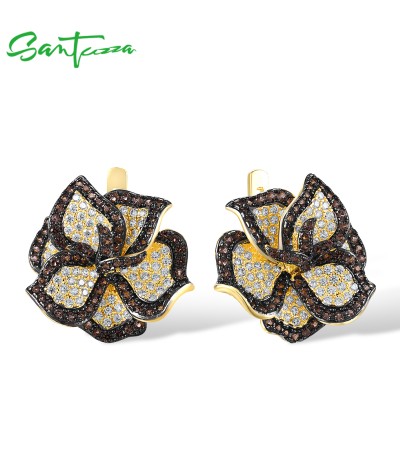 SANTUZZA 925 Sterling Silver Earrings White CZ Brown Spinel Sweet Flower Fine Jewelry