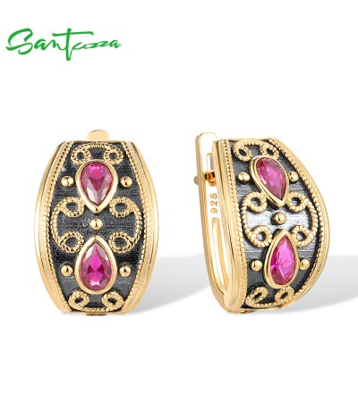 SANTUZZA 925 Sterling Silver Earrings Pear Lab Created Ruby Yellow Black Plating Symmetry Jewelry