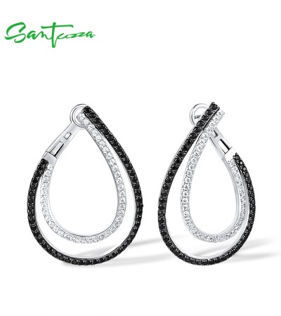 SANTUZZA 925 Sterling Silver Earrings Black Spinel White Cubic Zirconia Fine Jewelry