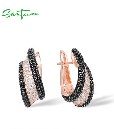 SANTUZZA 925 Sterling Curve Silver Earrings Sparkling Black Spinel White CZ Jewelry